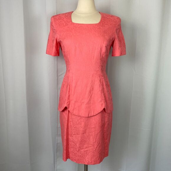 Vintage 80s Dress Size 8 Pink Coral Drop Waist Minimal Secretary Cocktail Retro - Picture 16 of 16